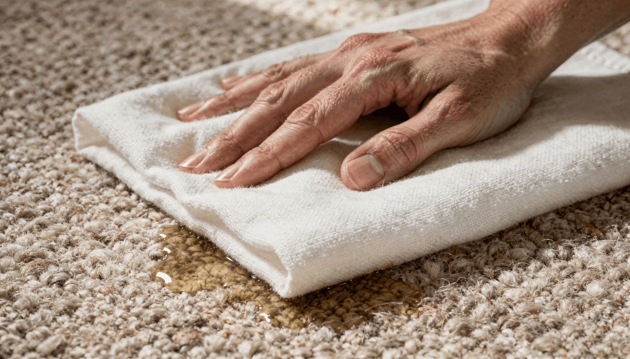 Main tamponnant doucement une tache fraîche sur un tapis en laine avec un chiffon blanc