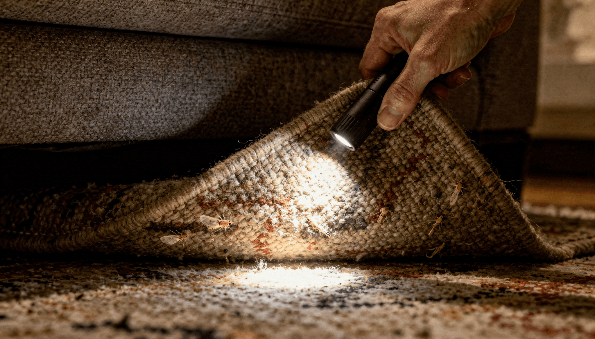 Coin de tapis replié sous un canapé inspecté avec une lampe de poche